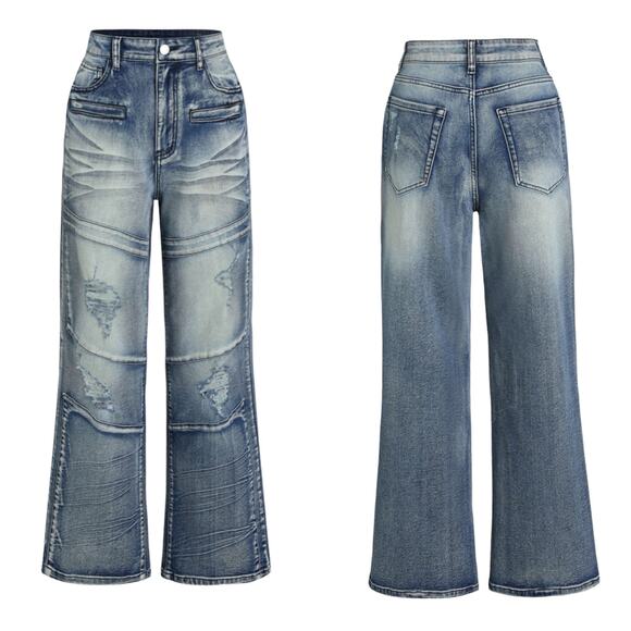 Cider Y2K Denim Distressed Ripped Straight Leg High Rise Jeans Large 32W NWT - Picture 1 of 16